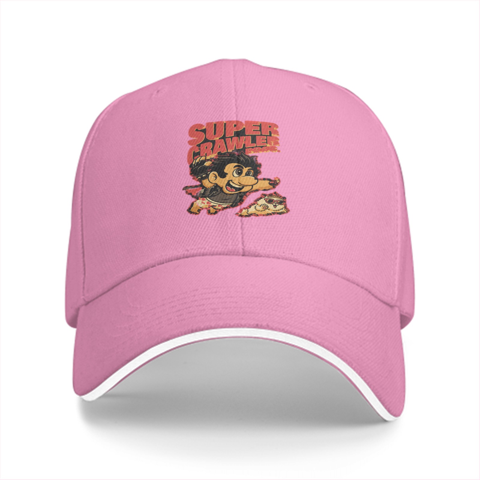 Black baseball cap with Super Crawler pizza-themed cartoon graphic