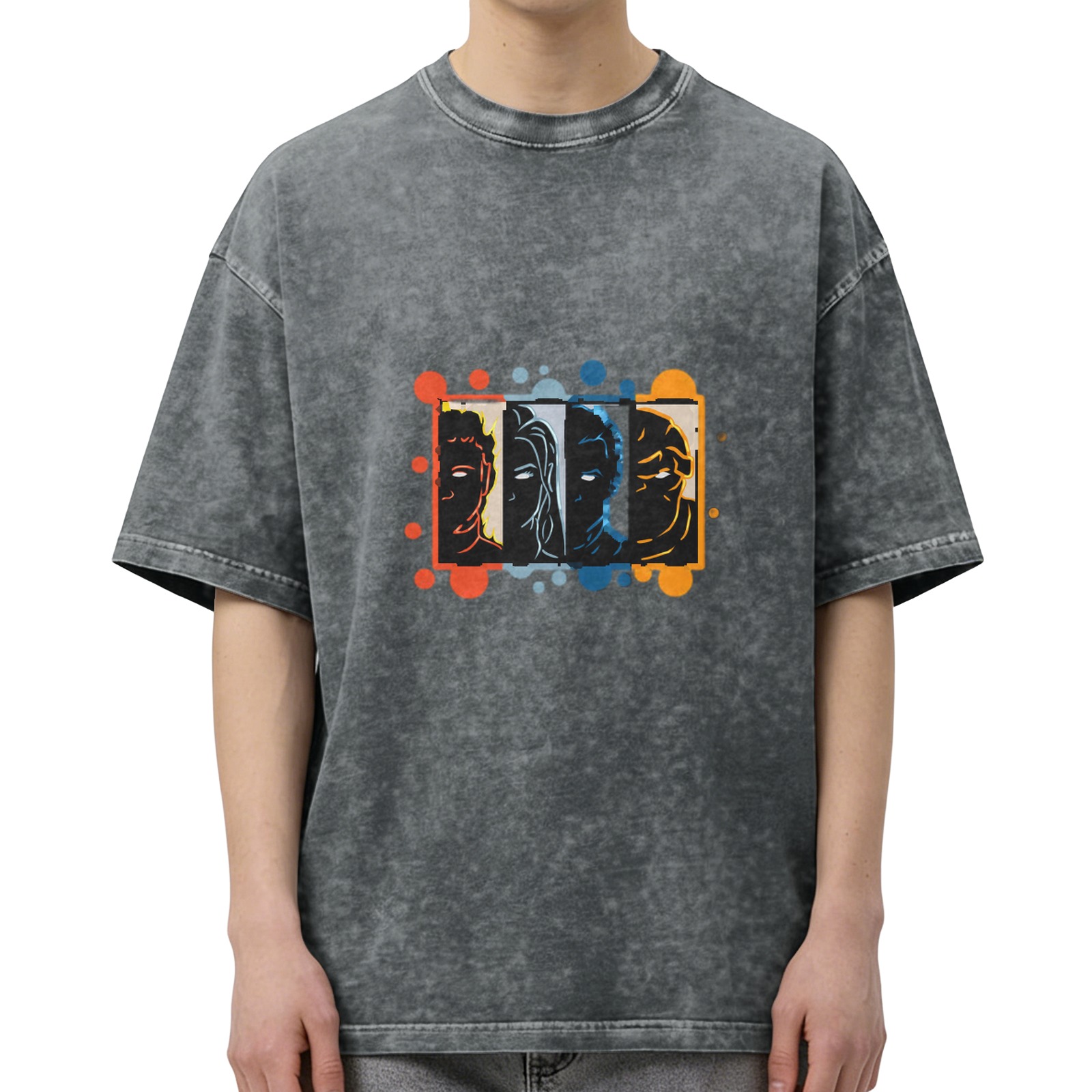 Oversized dark washed t-shirt with four stylized character faces graphic