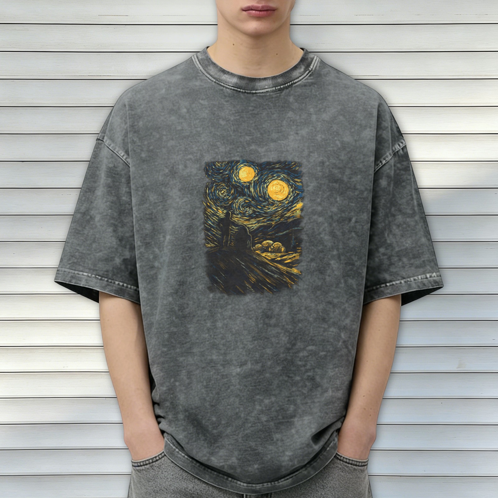 Oversized Washed T-Shirt with Starry Night Art Print