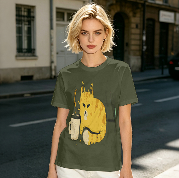 Olive T-Shirt With Grumpy Cat Holding Hot Coffee Print