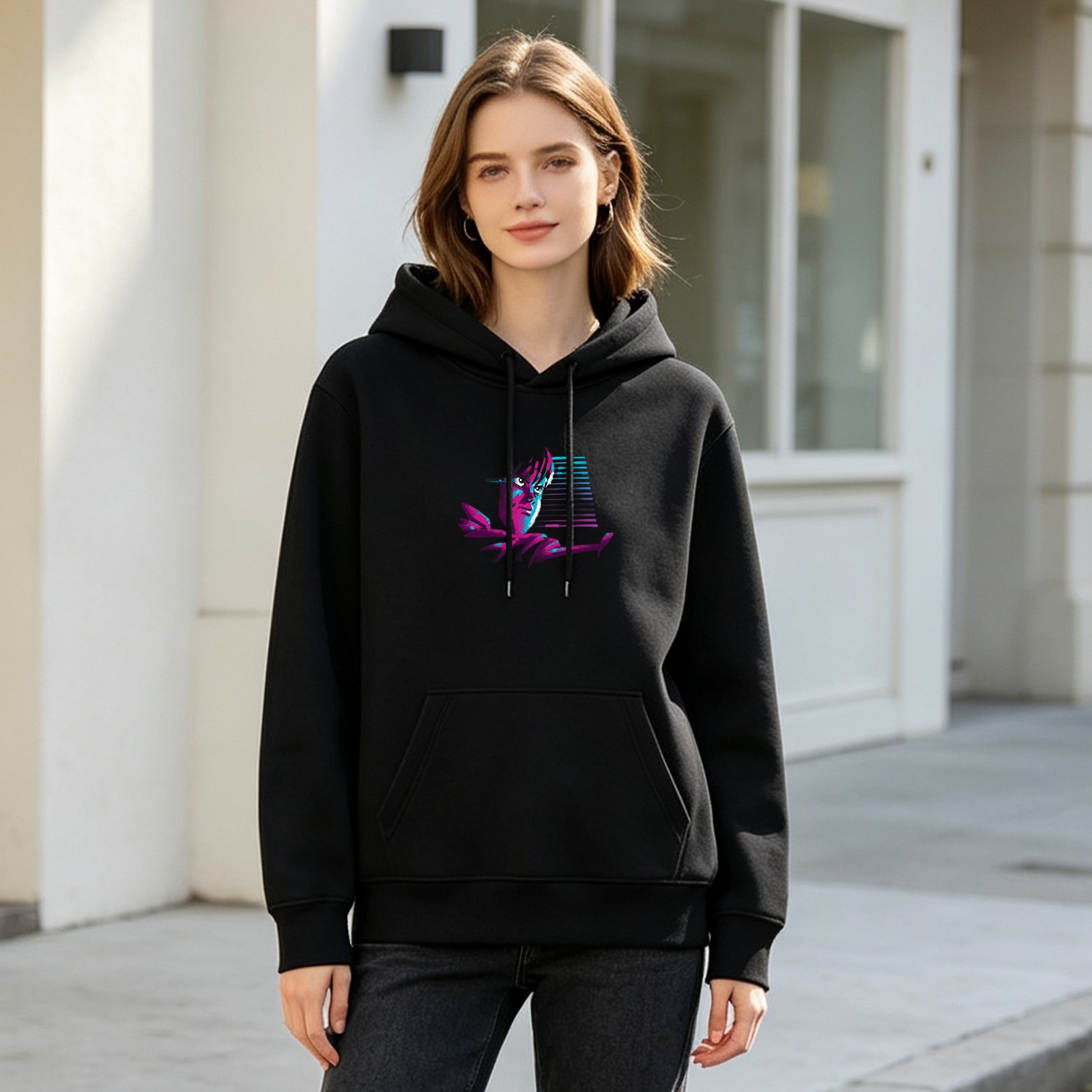 Black hoodie with retro synthwave style graphic print