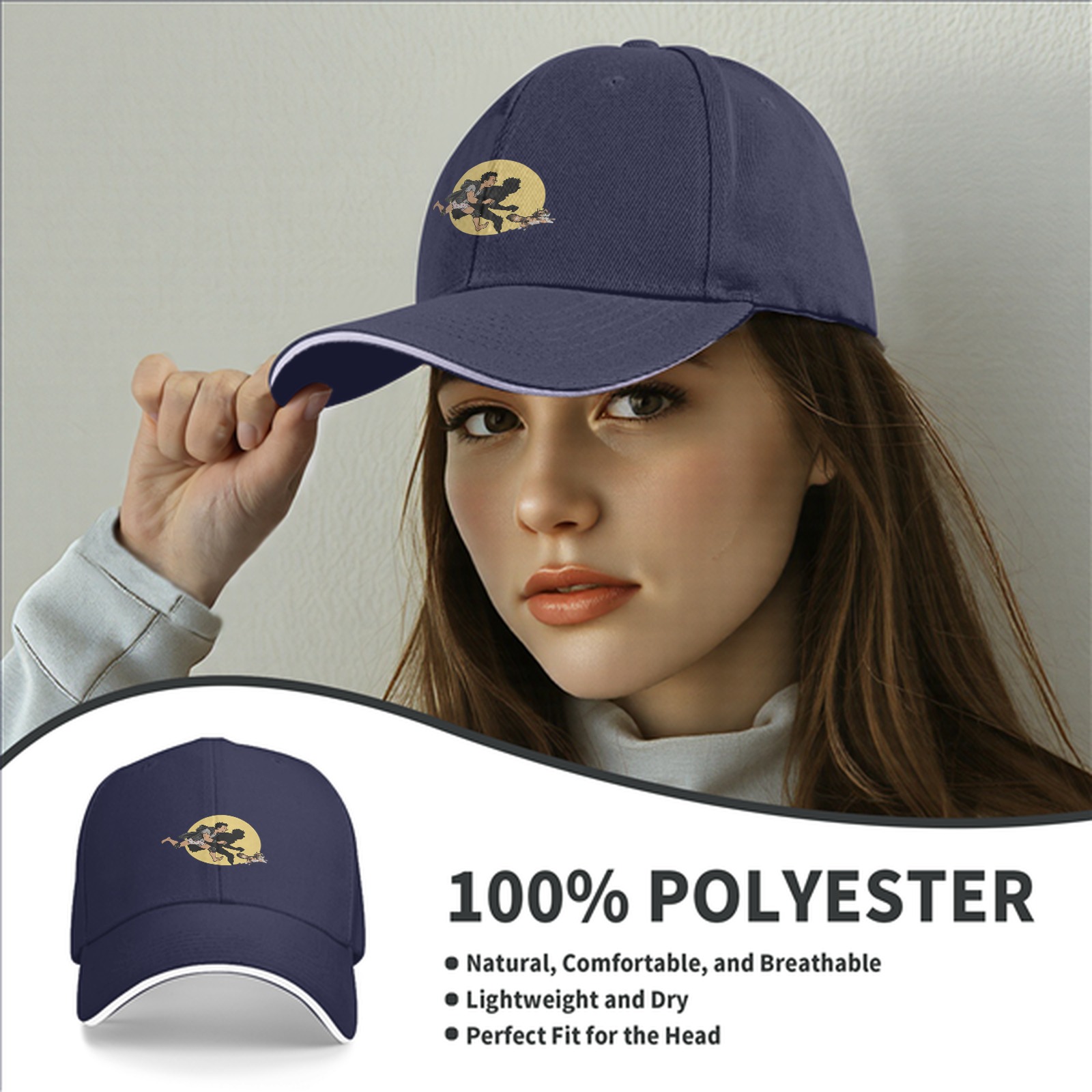 Black Baseball Cap With Running Figure And Raccoon Graphic