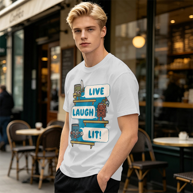 Olive T-Shirt With Cartoon Books 'Live Laugh Lit' Graphic