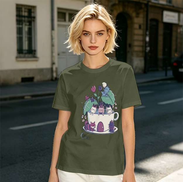 Olive T-Shirt With Whimsical Teacup Kitten Garden Print