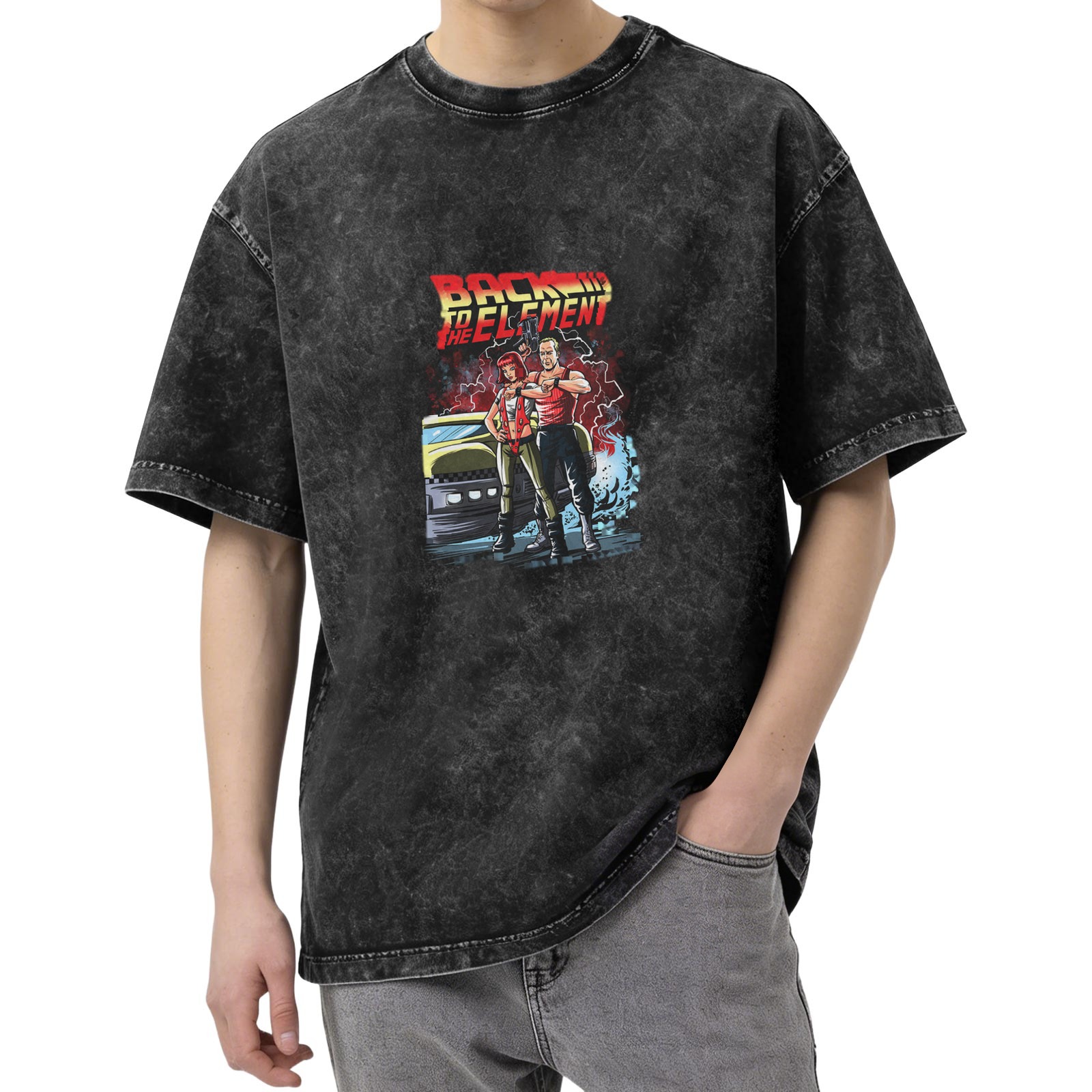 Oversized acid wash graphic t-shirt with retro action art print
