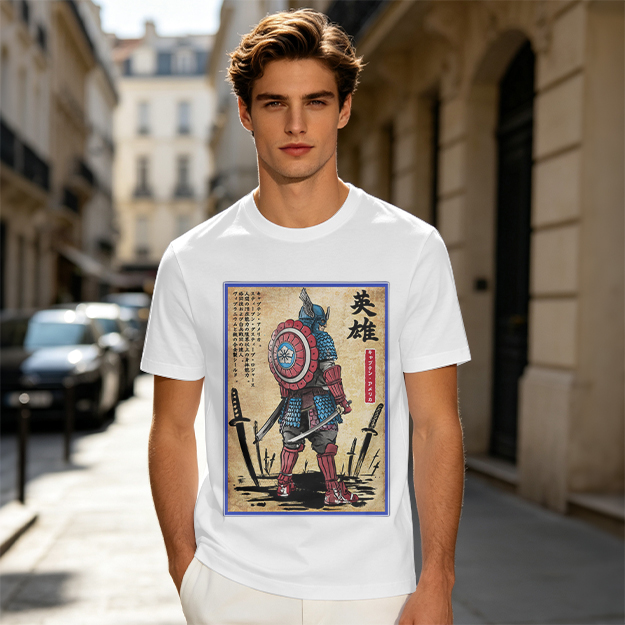 Olive T-shirt with Samurai Captain America Hero Art Print