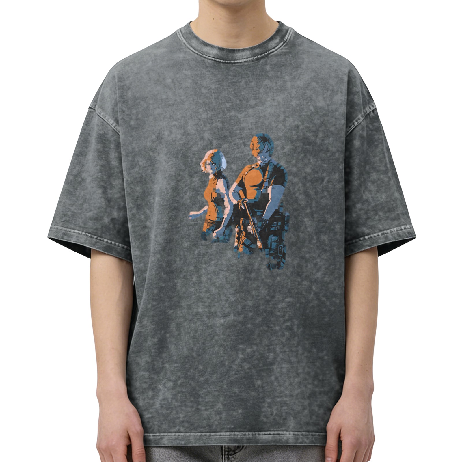Oversized Dark Wash T-Shirt With Two Character Graphic Print