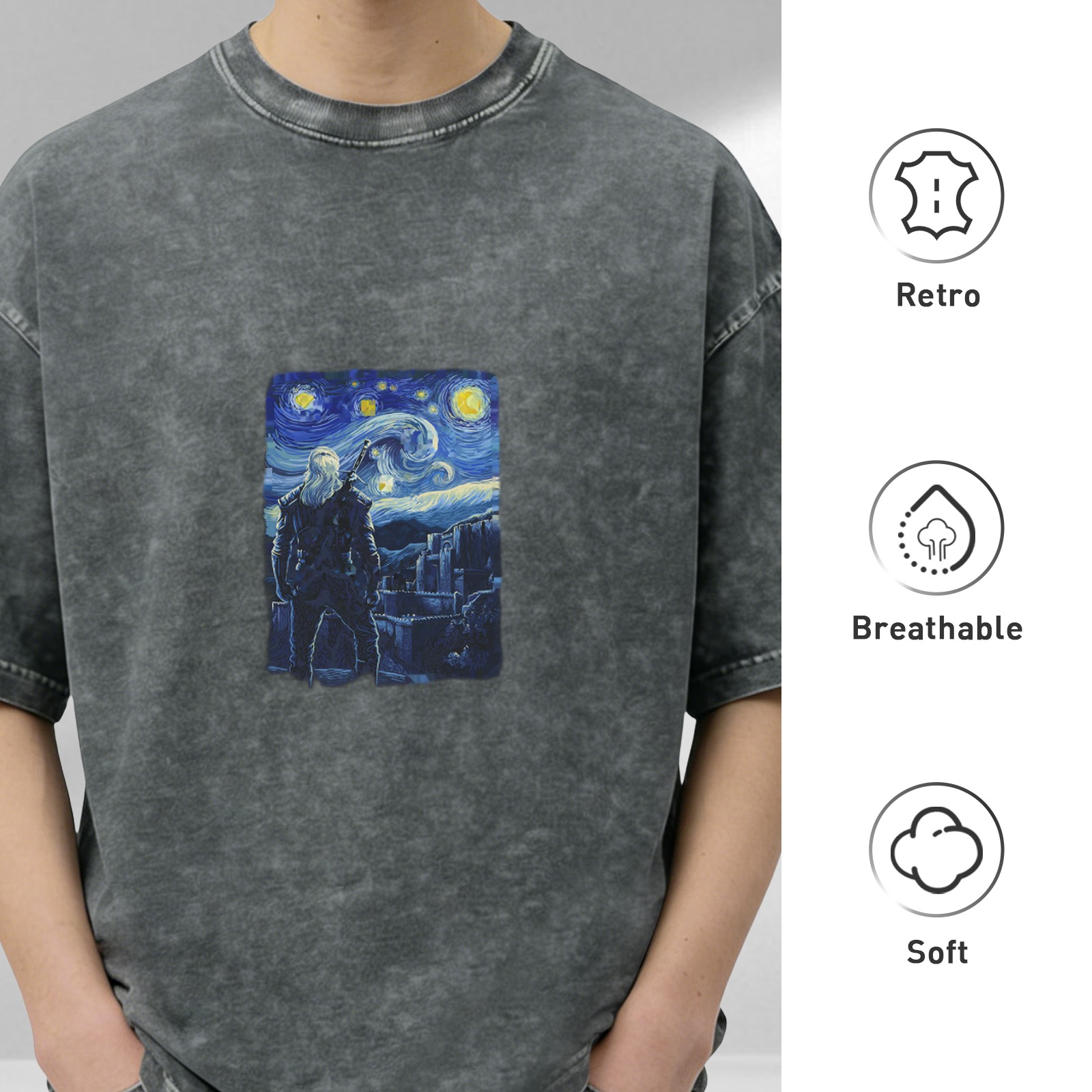 Distressed washed black round neck short-sleeved T-shirt Van Gogh starry night theme print loose casual top