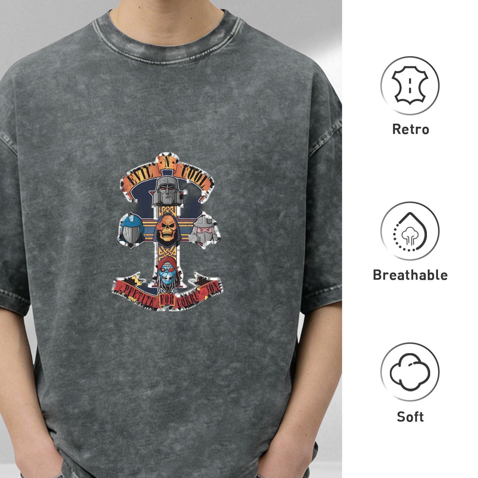 Men's Vintage Washed T-Shirt with Transformers 'Appetite for Destruction' Parody Graphic, Oversized Fit, Black Acid Wash