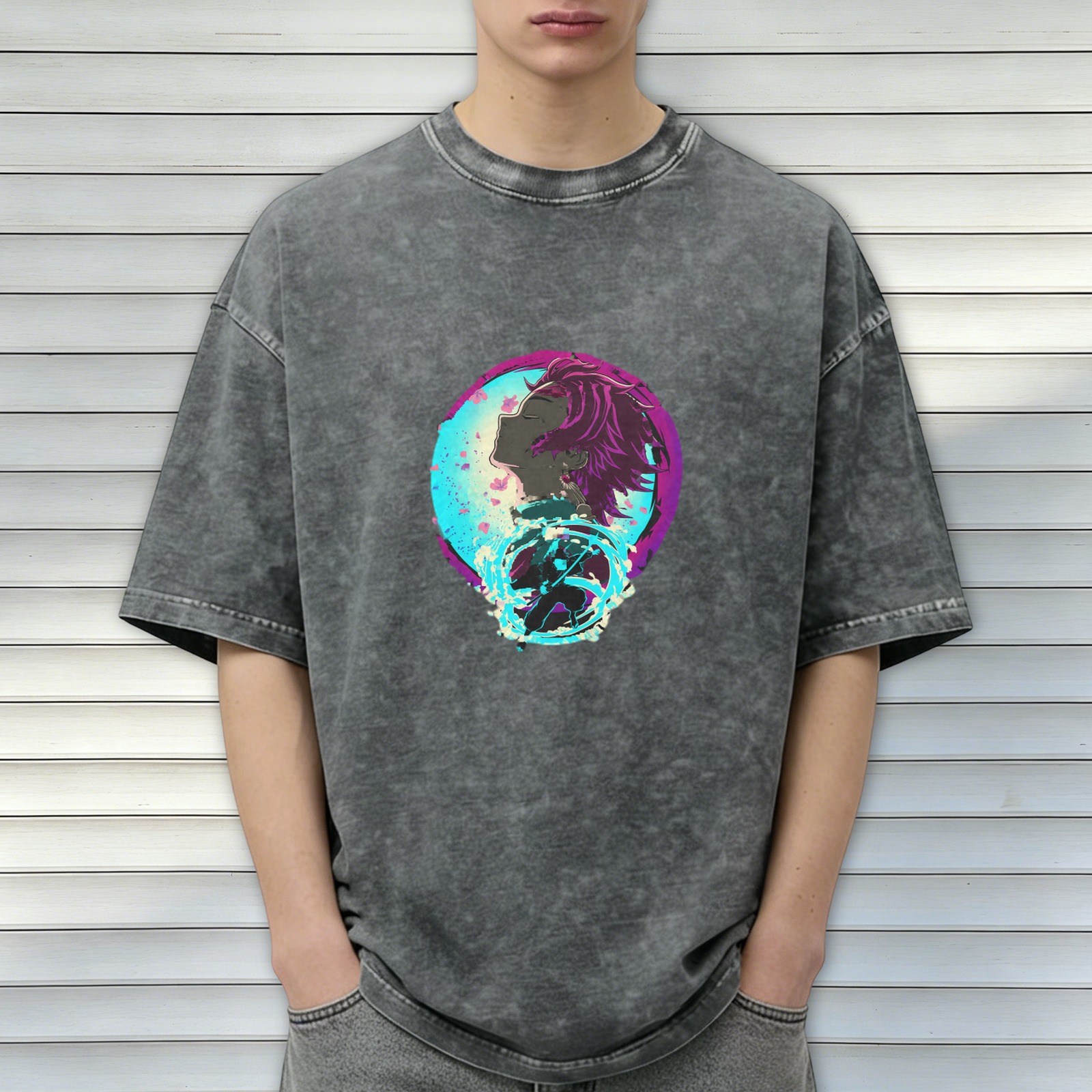 Oversized Washed Anime Demon Slayer Graphic T-Shirt