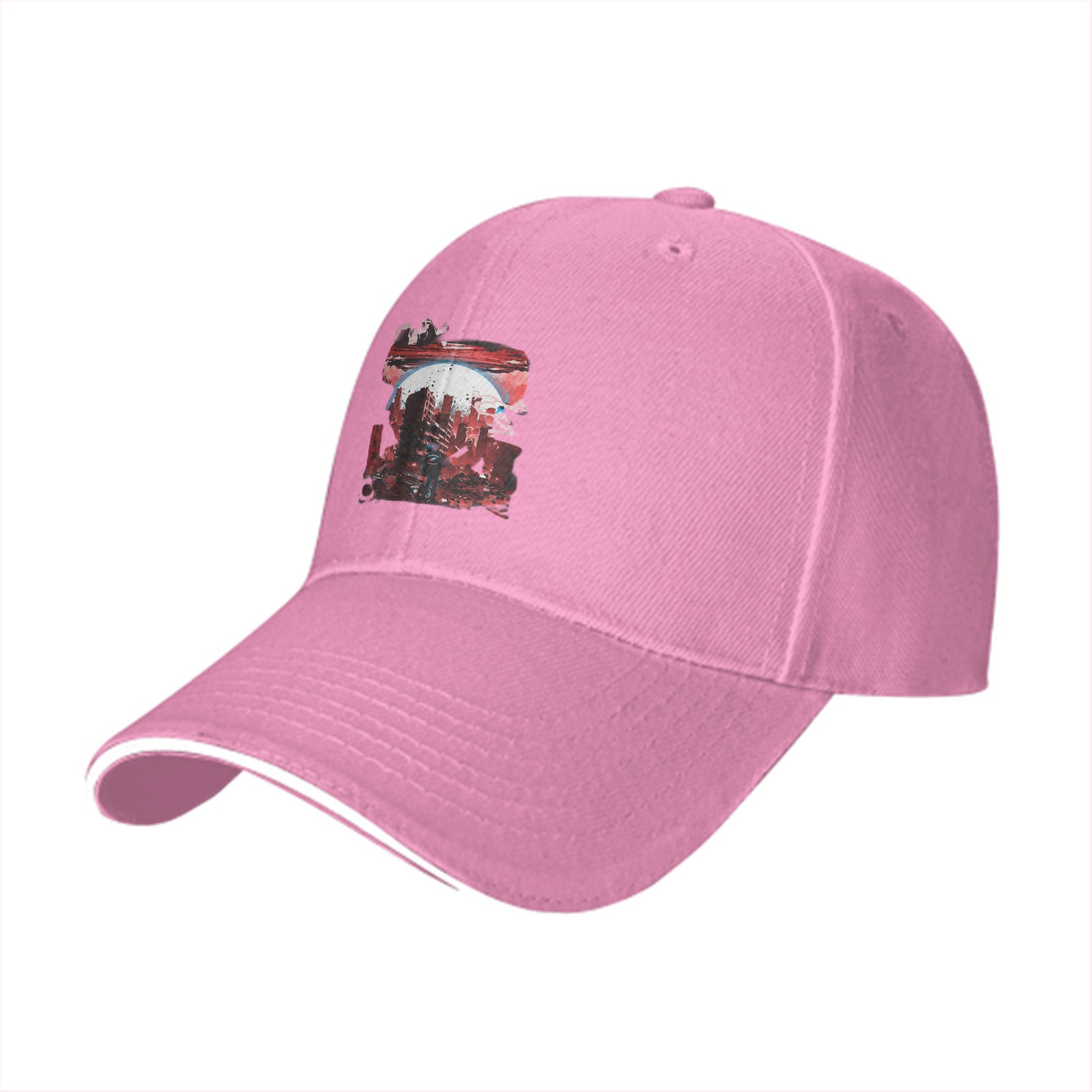 Black Baseball Cap with Abstract Red Cityscape Print
