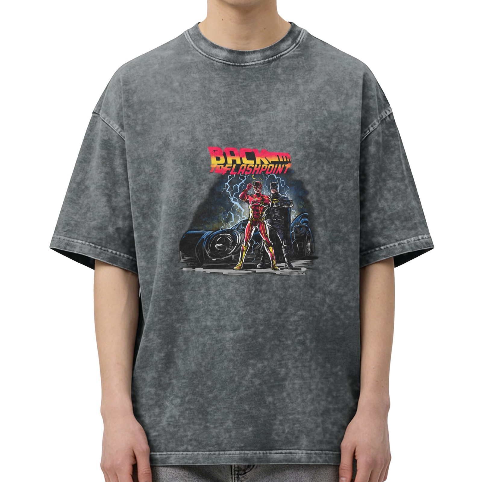 Back To Flashpoint Retro distressed washed black short-sleeved T-shirt Superhero themed printed top