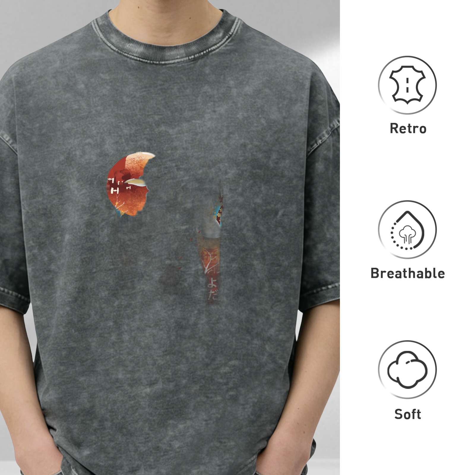 Oversized Acid Wash Graphic T-Shirt with Abstract Art Print