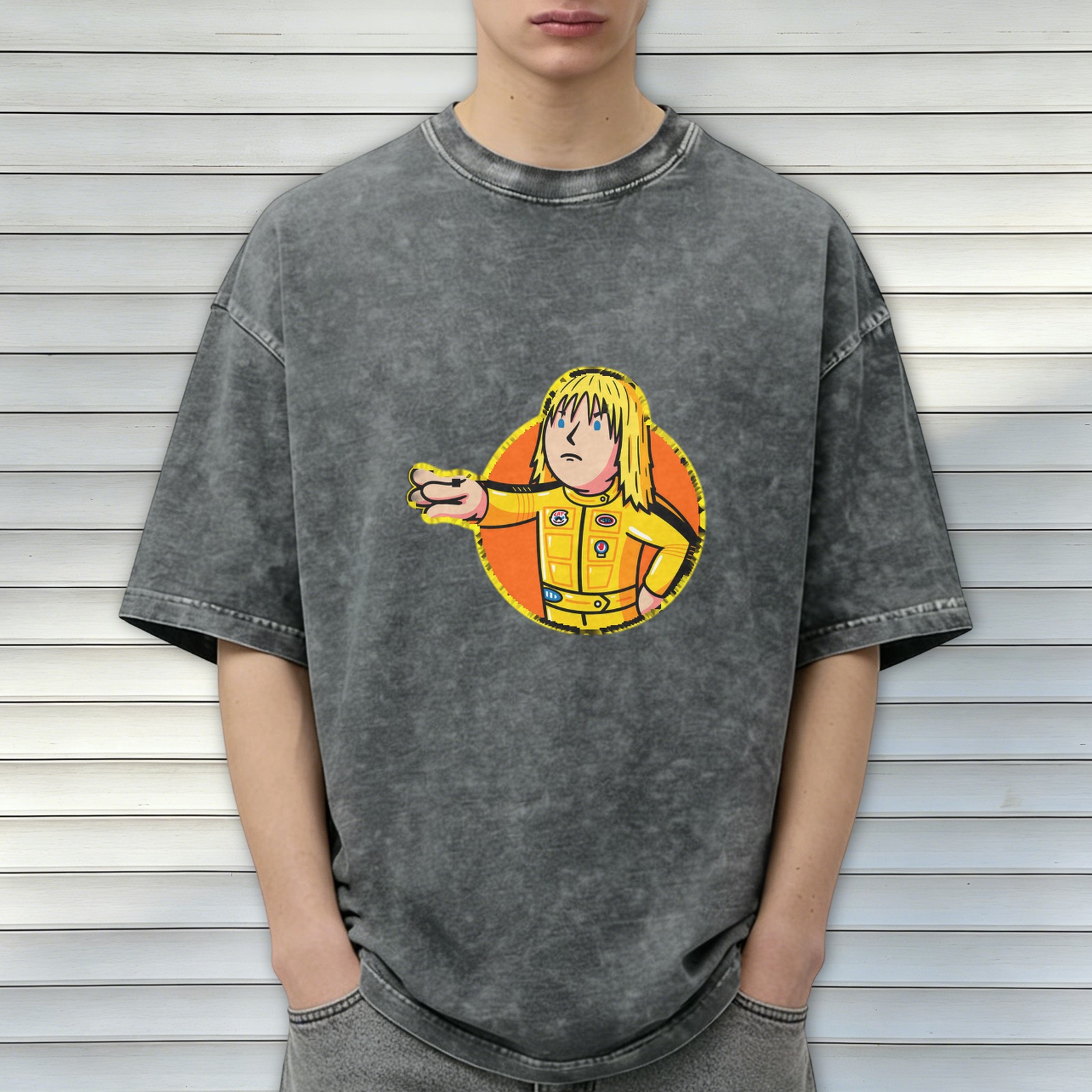 Oversized dark washed t-shirt with cartoon action figure graphic