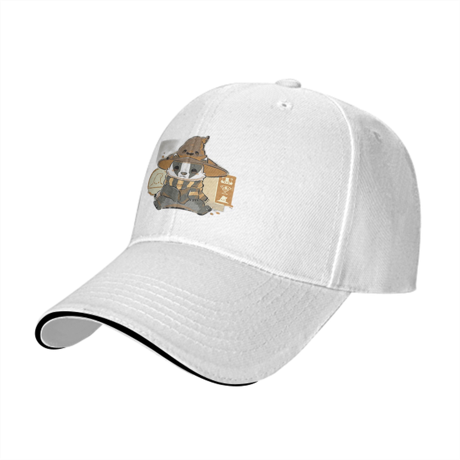 Black baseball cap with Hufflepuff badger wizard design