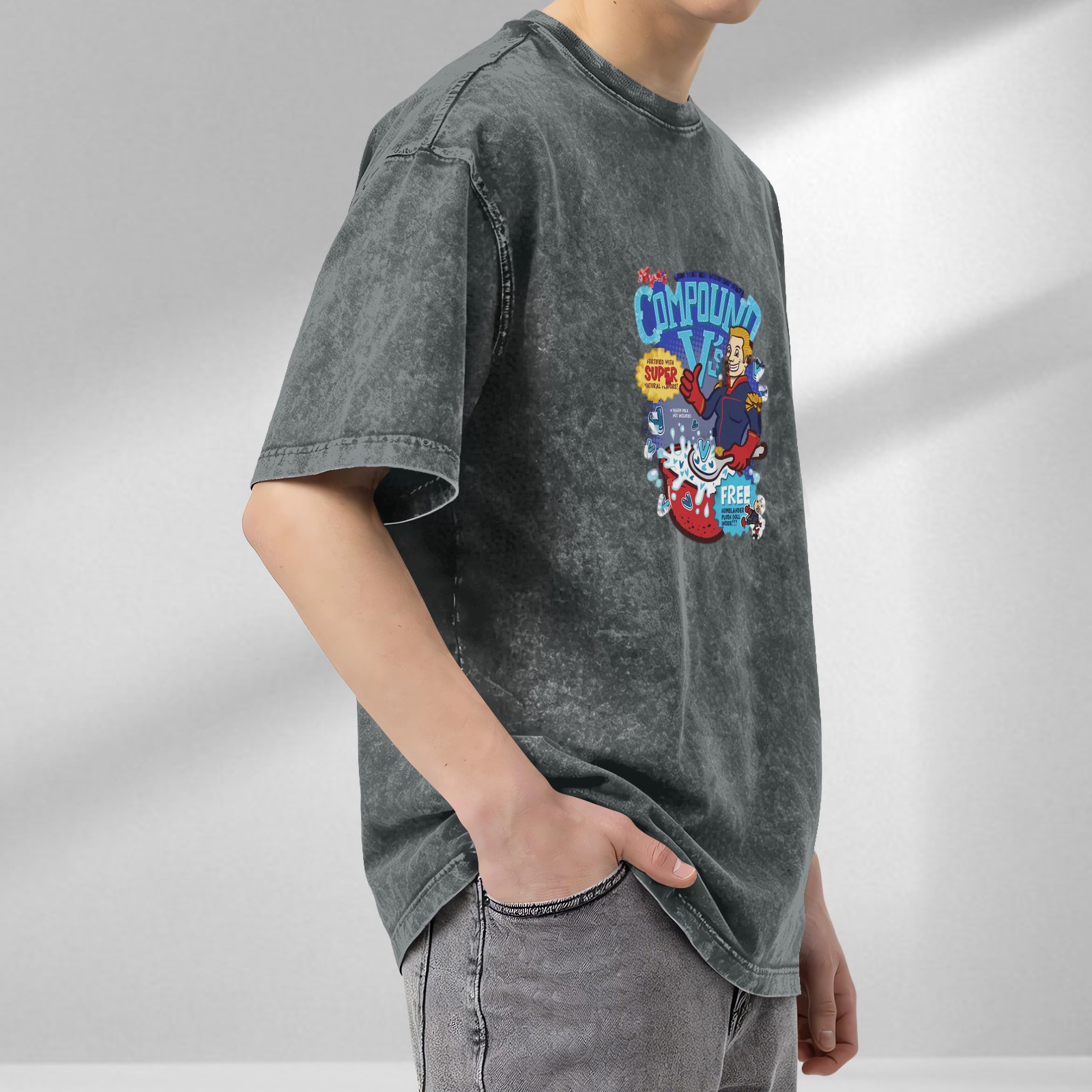 Washed black graphic t-shirt with Compound V cartoon design