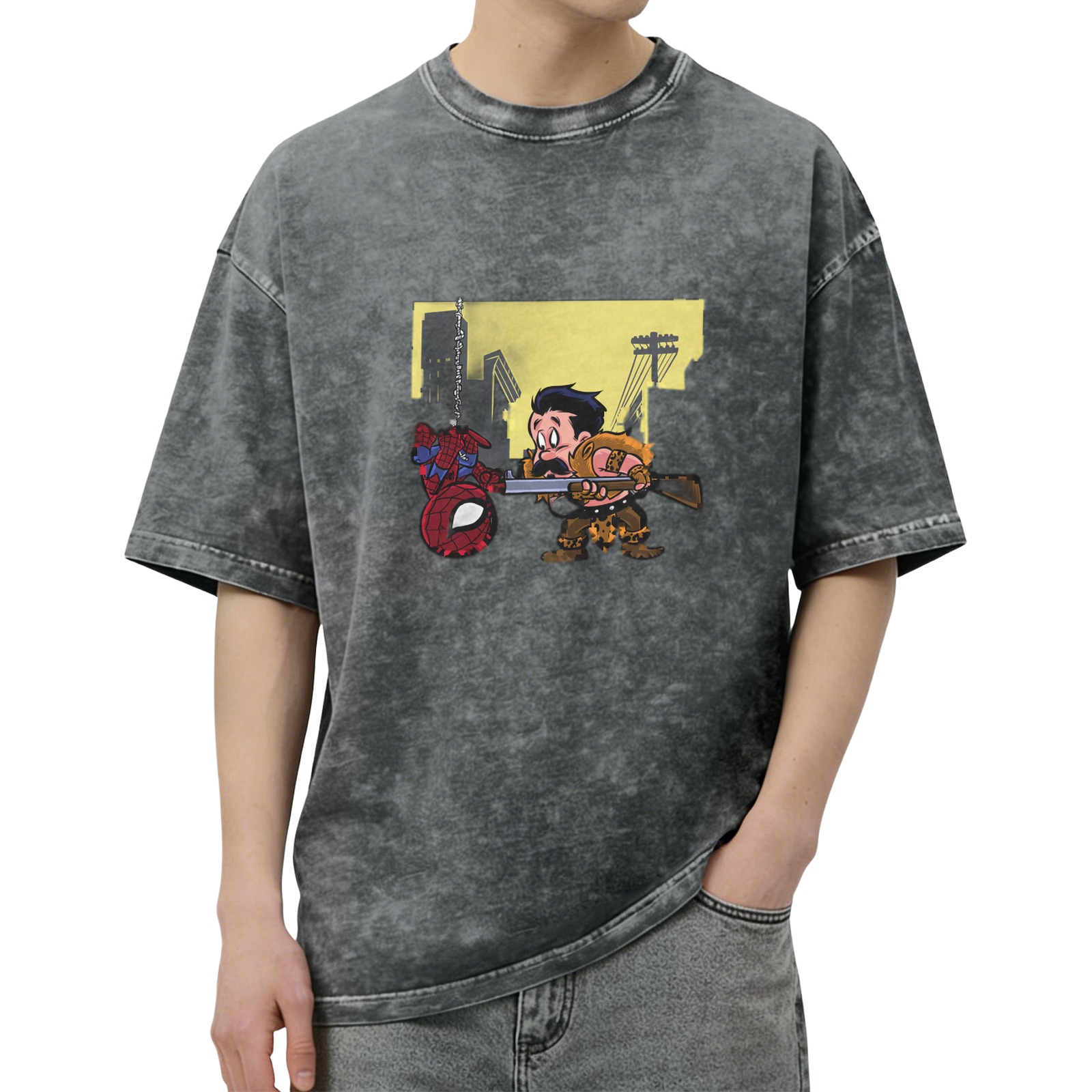 Washed black graphic tee with Spider-Man and hunter cartoon print