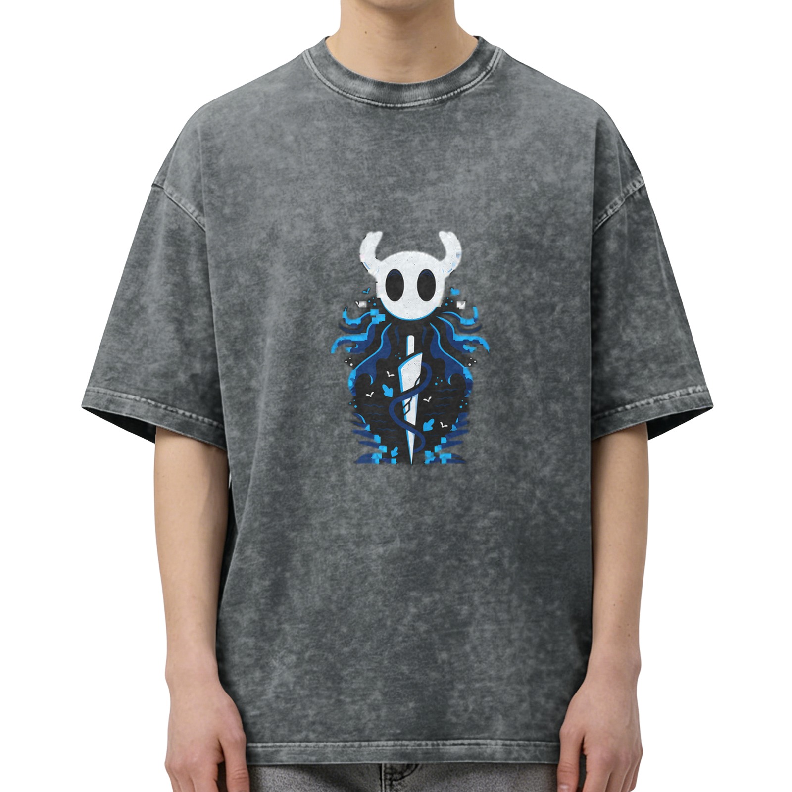 Hollow Knight themed distressed washed black short-sleeved T-shirt and game peripheral printed loose top