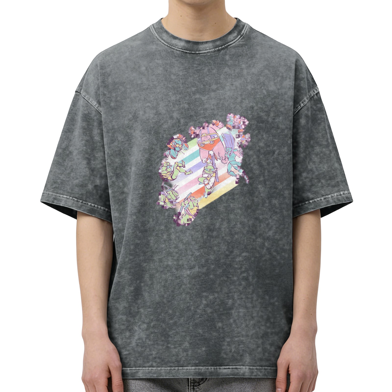 Oversized Acid Wash Graphic T-Shirt with Pastel Anime Characters