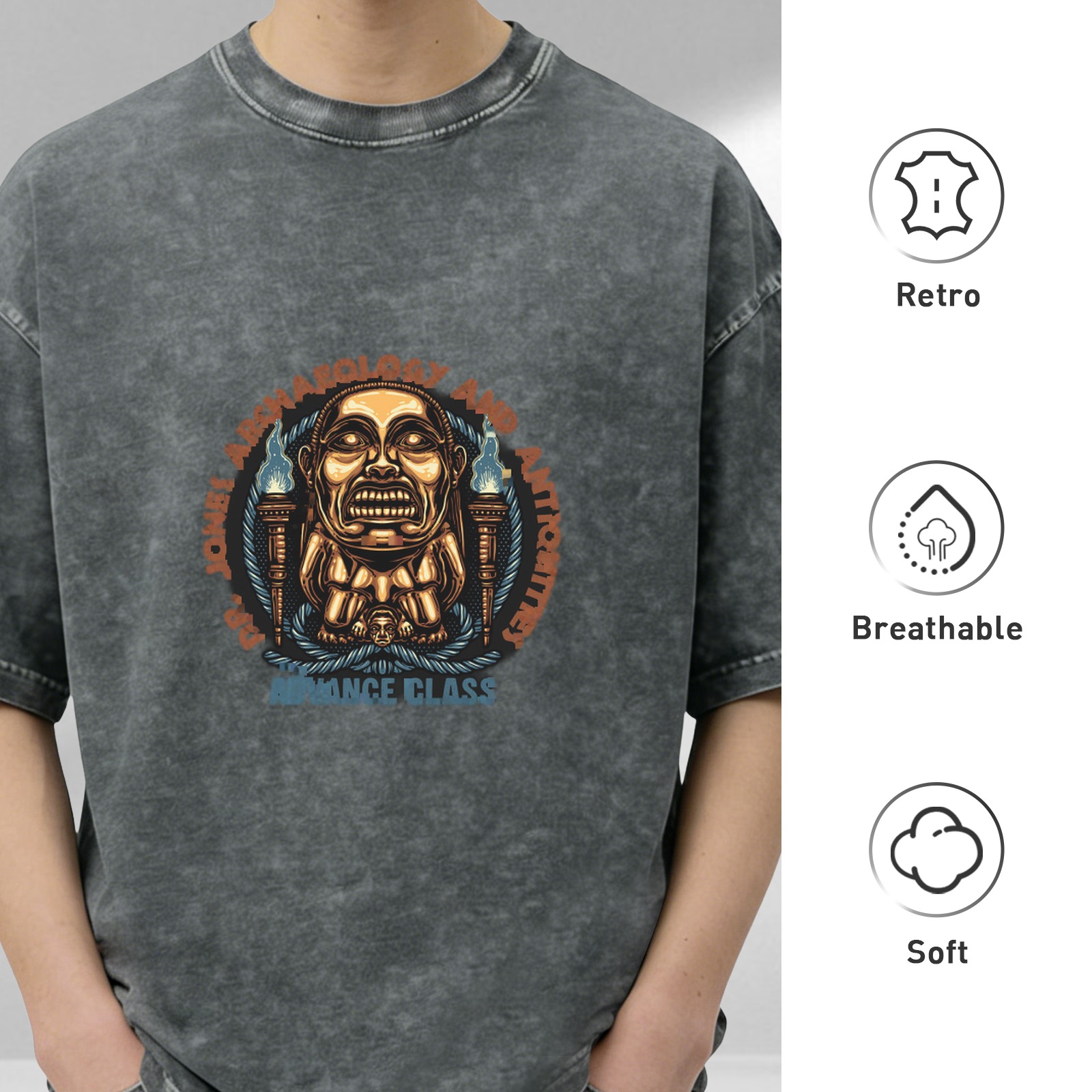 Washed Black T-Shirt with Ancient Idol Archaeology Graphic