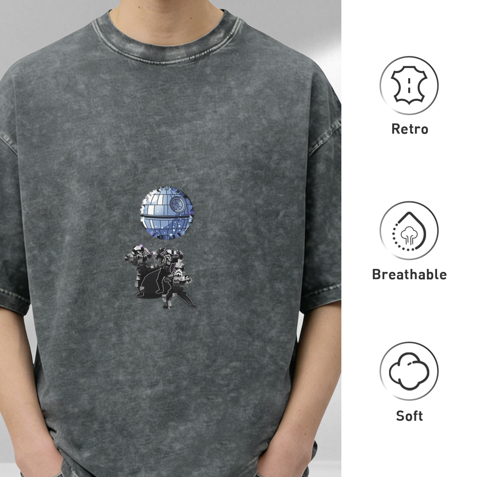 Oversized Dark Wash T-Shirt With Star Wars Death Star Print