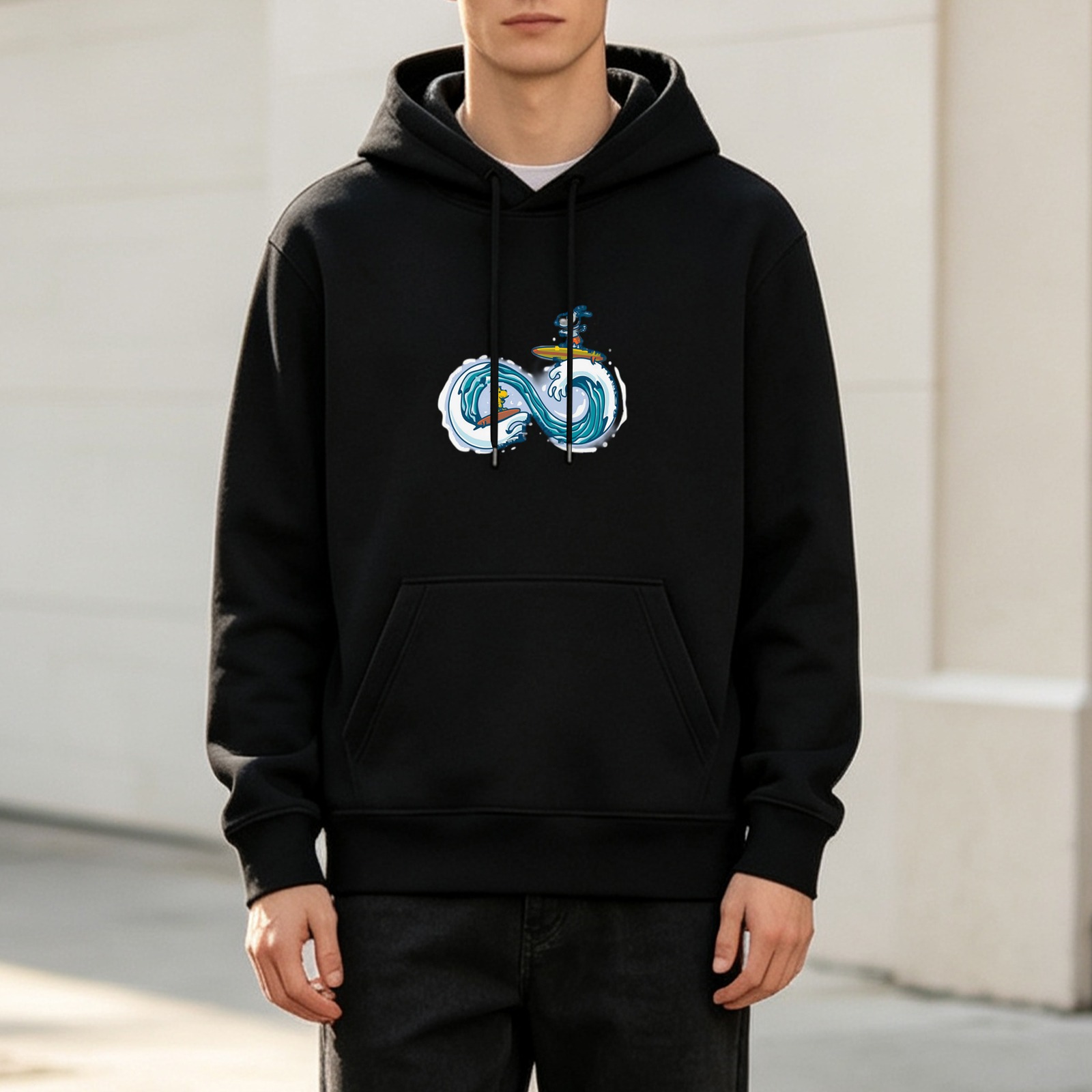 Black Hoodie With Infinity Wave Surfing Graphic Print