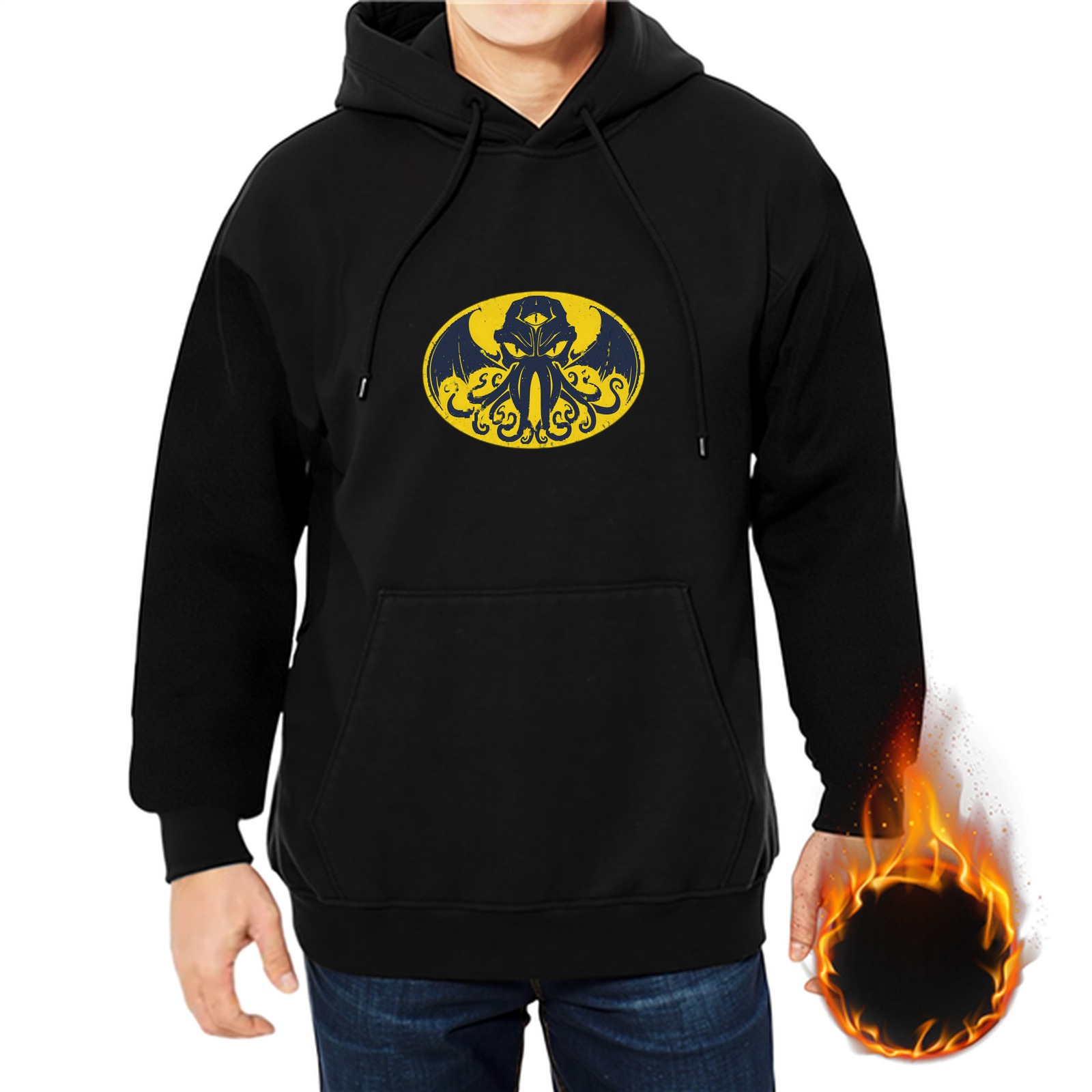 Black Hoodie with Cthulhu Bat Hybrid Graphic Print