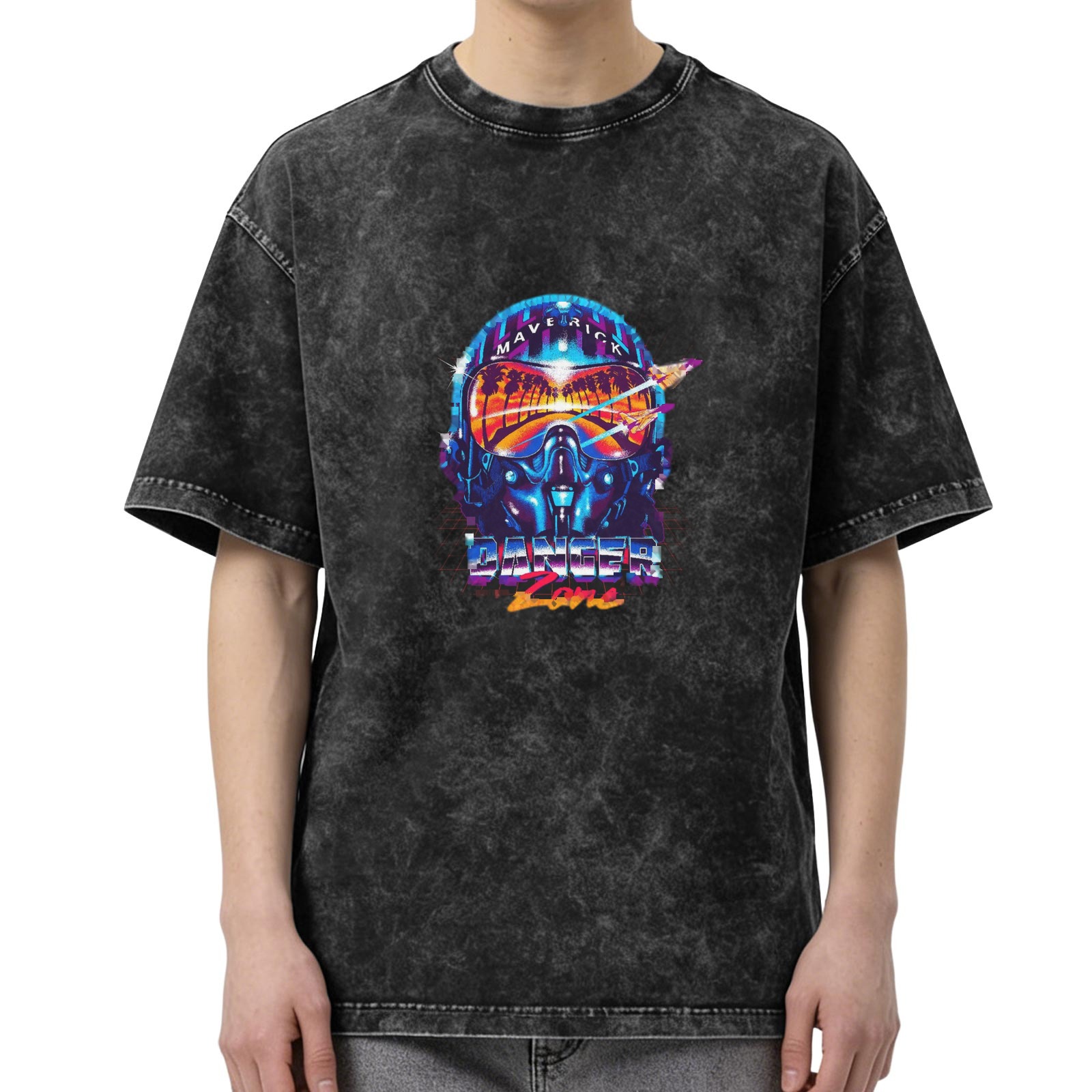Oversized Stonewashed T-Shirt with Retro Maverick Danger Zone Graphic