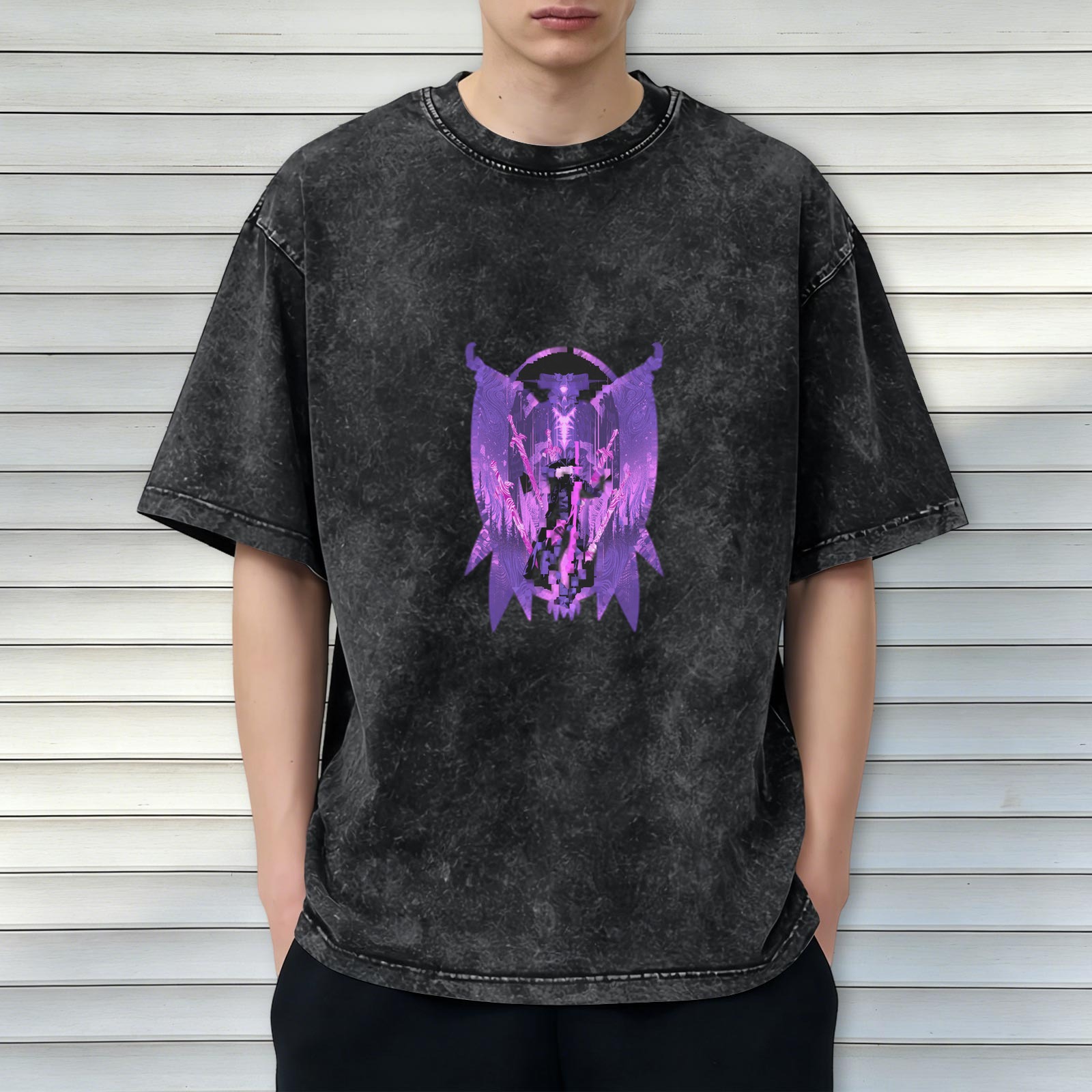Washed Black T-Shirt With Purple Dark Angel Graphic Print