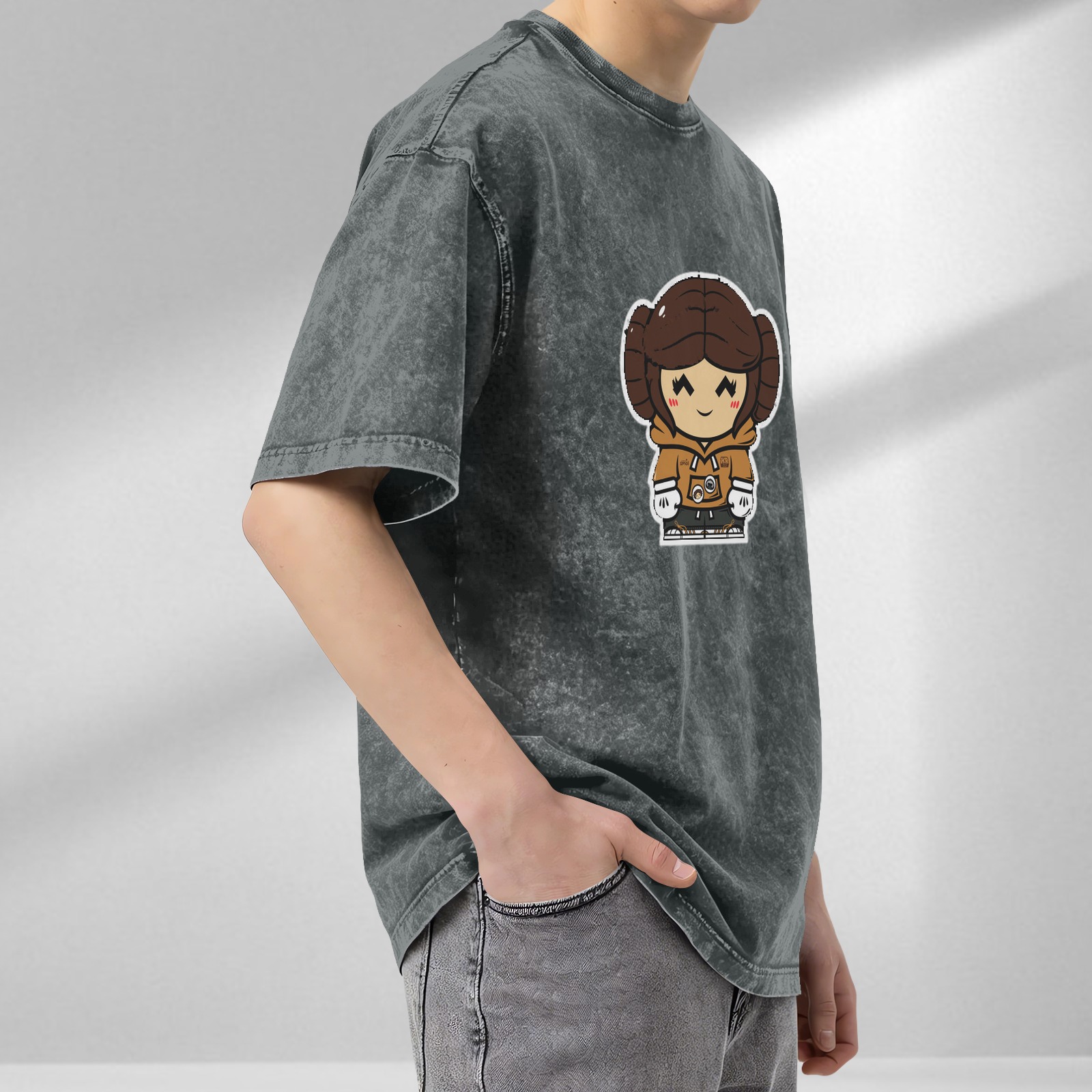 Oversized dark wash t-shirt with chibi princess leia graphic