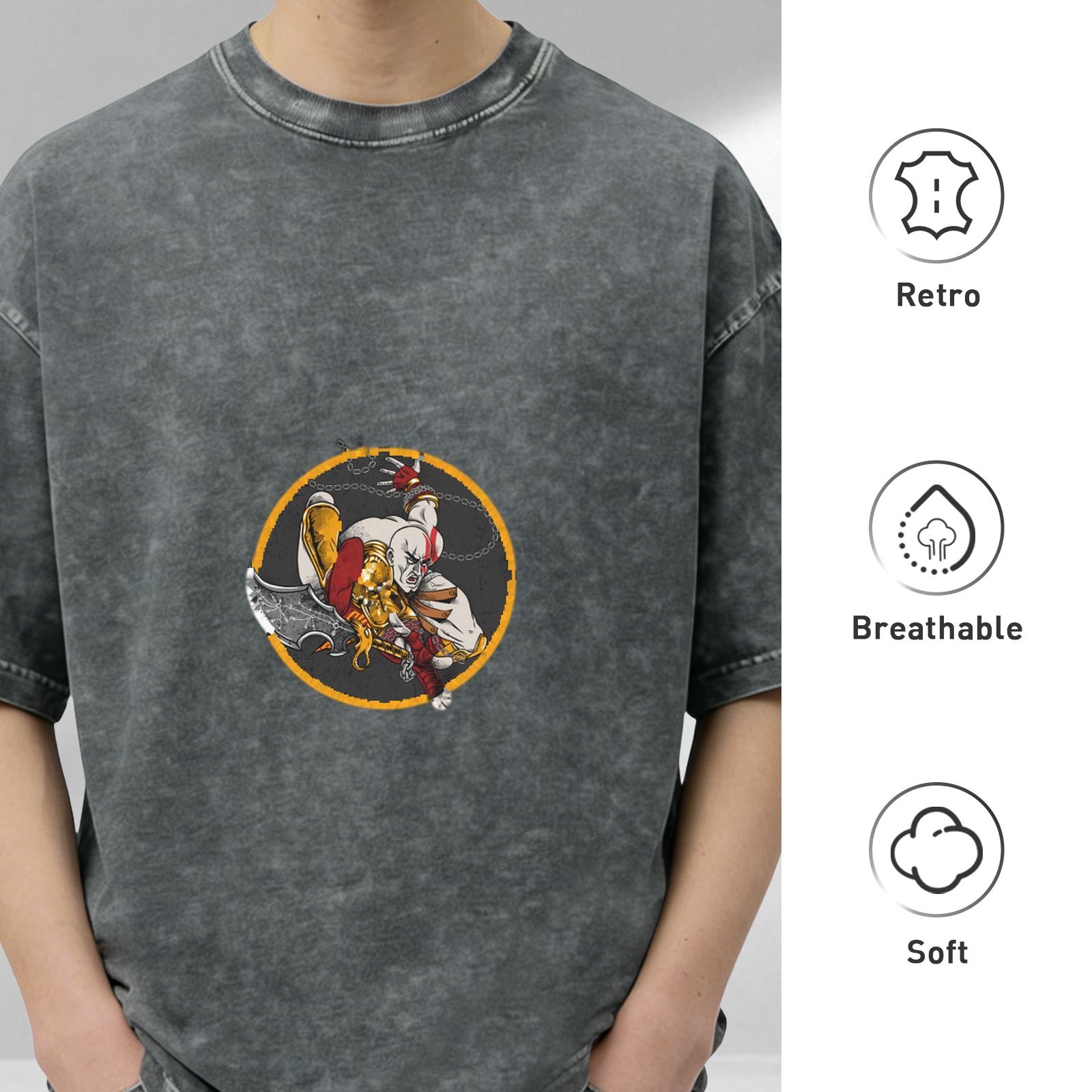 Washed Black Oversized T-Shirt With Kratos Graphic Print