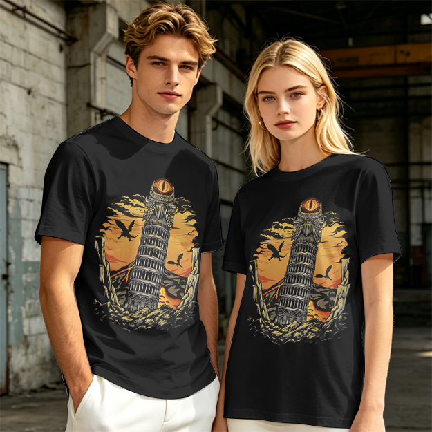 Ominous tower with eye and flying creatures graphic t-shirt