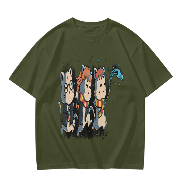 Olive T-Shirt With Harry Potter Themed Cat Trio Print