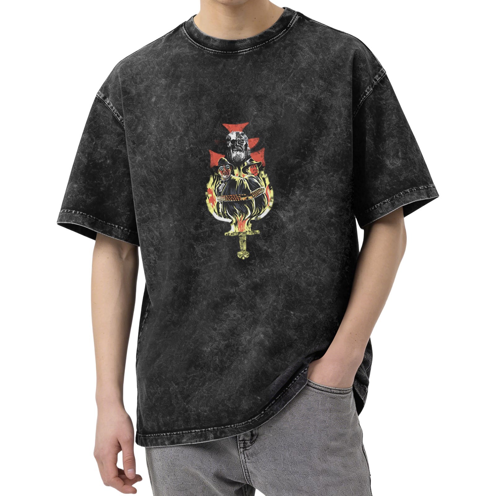 Oversized Acid Wash Graphic T-Shirt With Medieval Cross And Flames Print