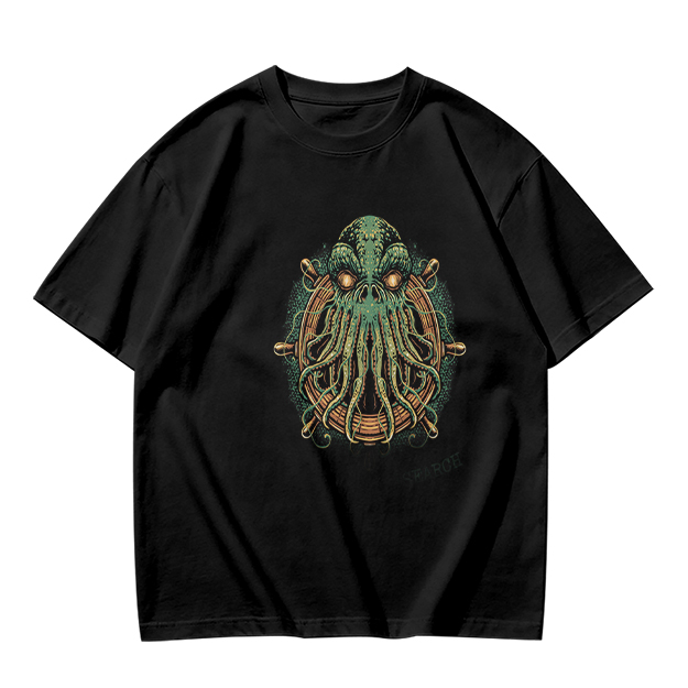 Olive Green T-Shirt With Cthulhu Ship Wheel Graphic