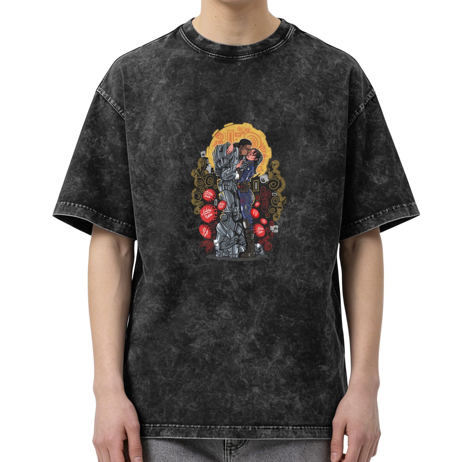Washed Black Graphic T-Shirt with Sci-Fi Robot and Woman Kissing Design