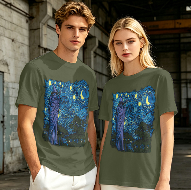 Olive T-Shirt with Wizard Starry Night Art Print
