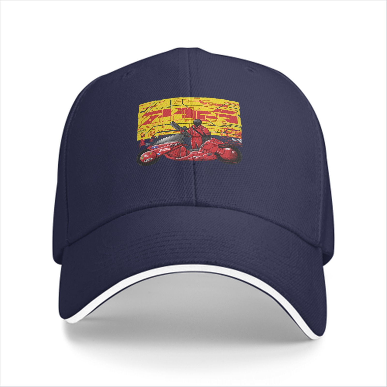 Black Baseball Cap with Anime Motorcycle Rider Graphic