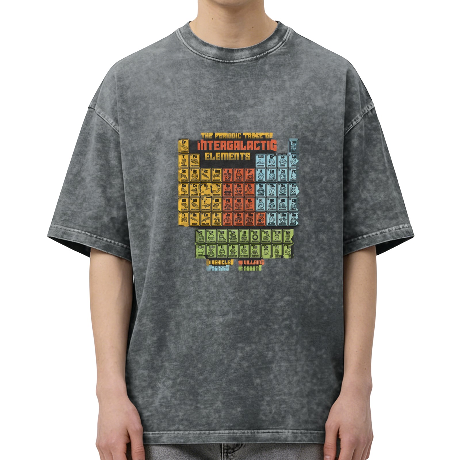 Retro washed black interstellar periodic table themed print loose short-sleeved T-shirt