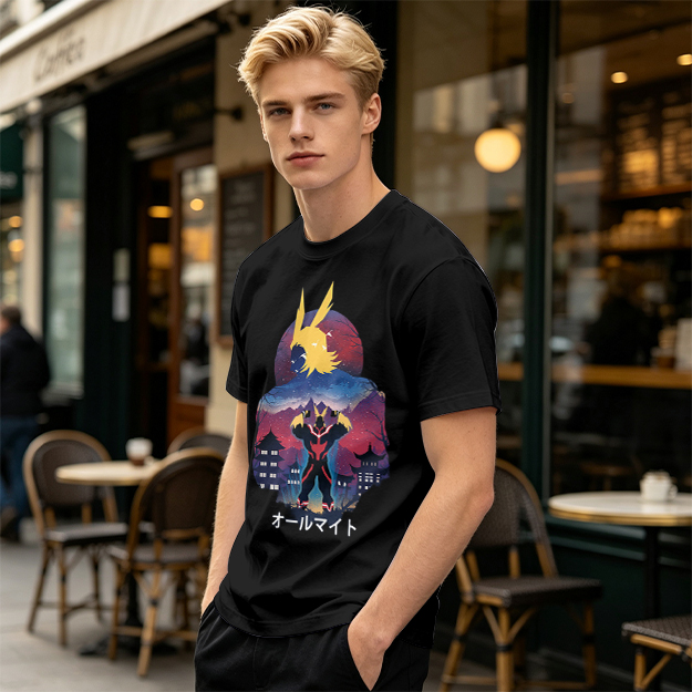 Olive t-shirt with All Might anime character graphic print