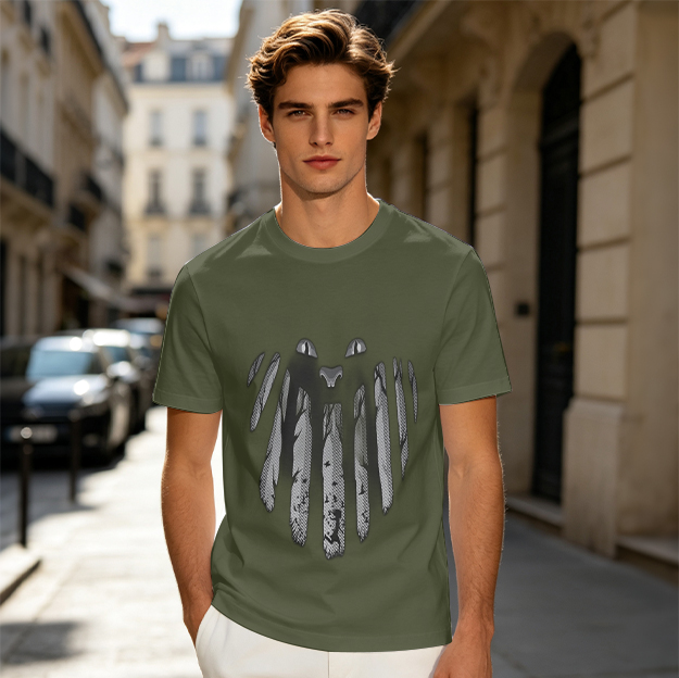 Olive T-Shirt With Metallic Claw Scratch And Cat Eyes Graphic