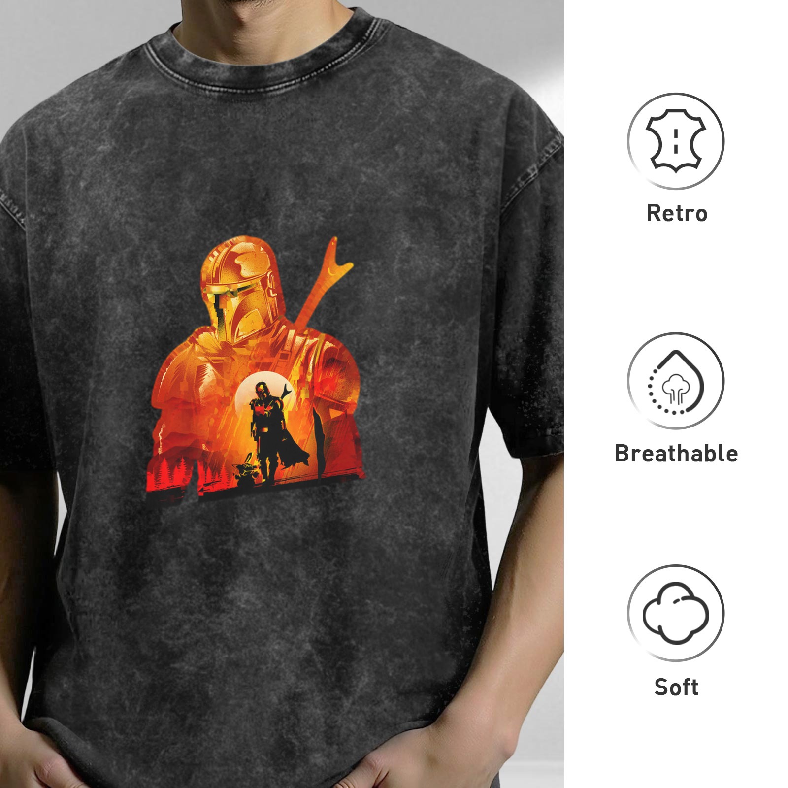 Washed black t-shirt with Mandalorian sunset graphic print