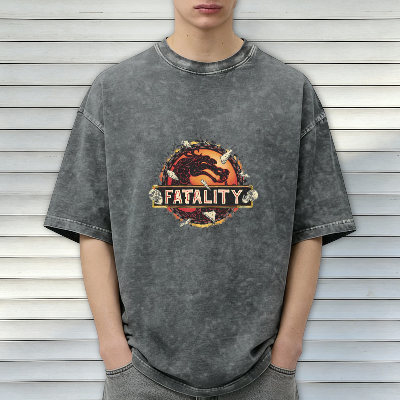 Mortal Kombat Fatality Graphic Acid Wash Black T-Shirt