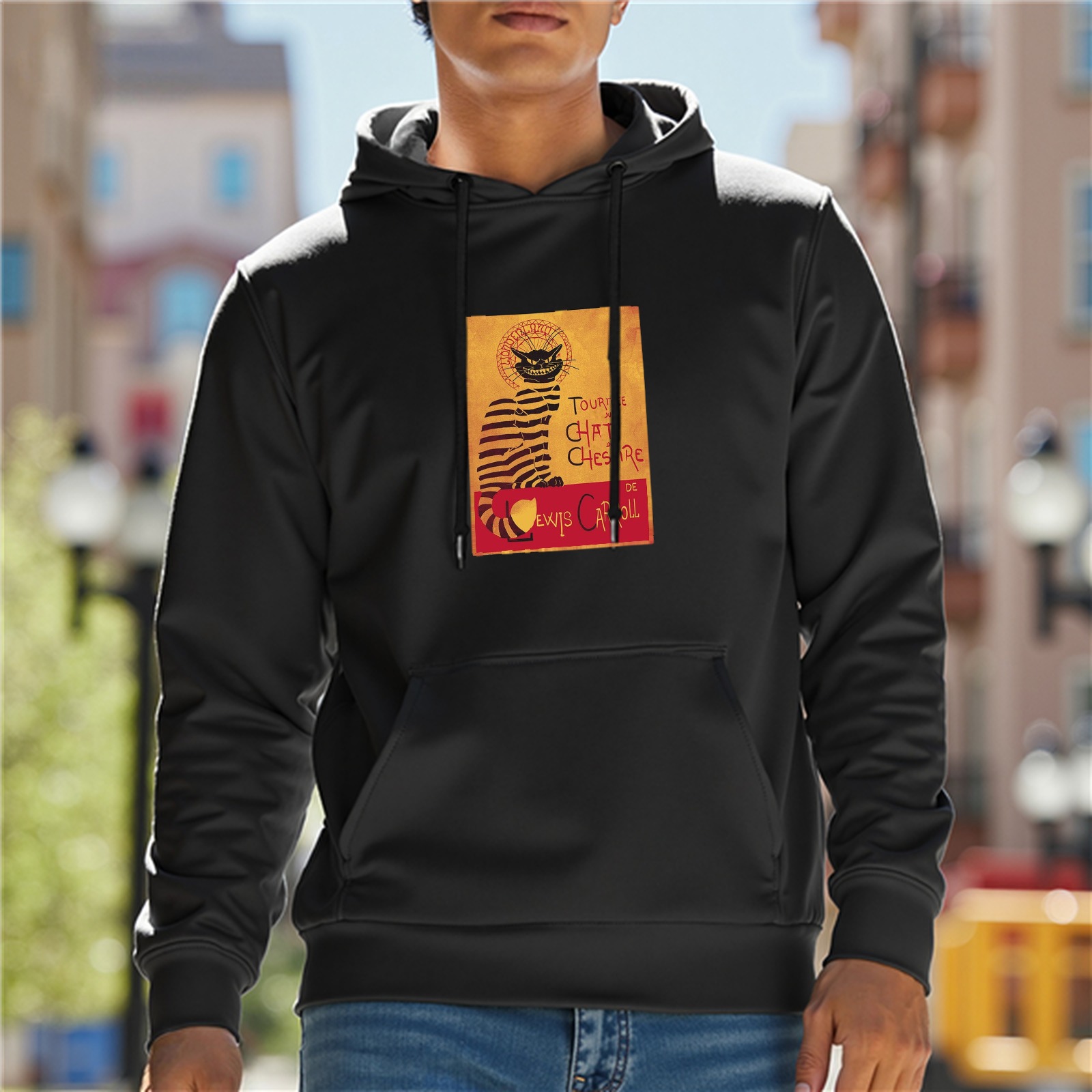 Black Hoodie with Cheshire Cat Alice in Wonderland Print