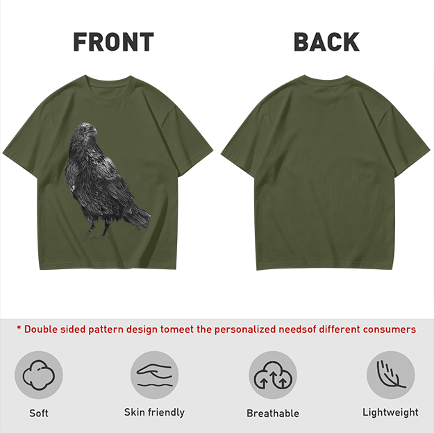 Olive Green T-Shirt With Detailed Raven Graphic Print