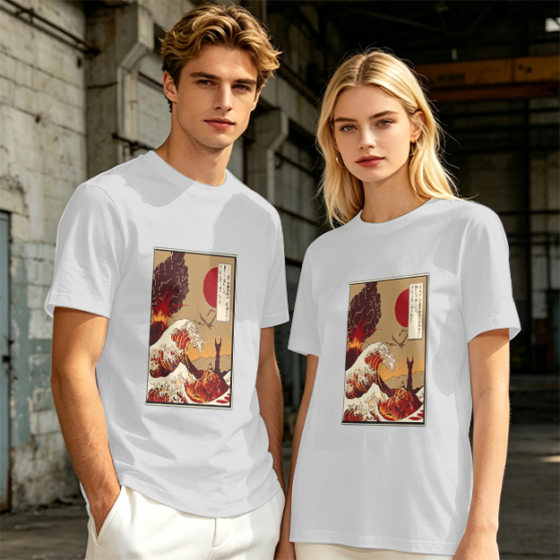Olive T-Shirt with Ukiyo-e Style Wave and Volcano Print