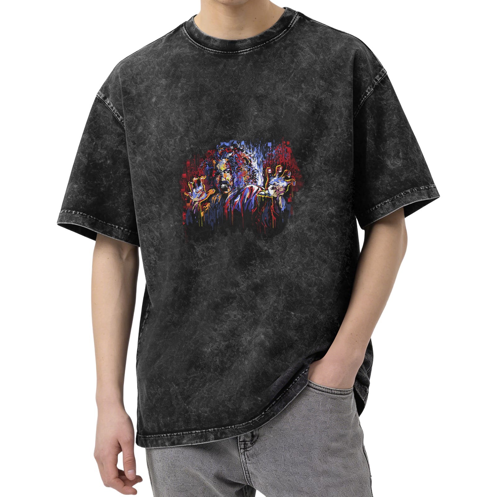 Oversized Acid Wash T-Shirt With Vibrant Abstract Graphic Print