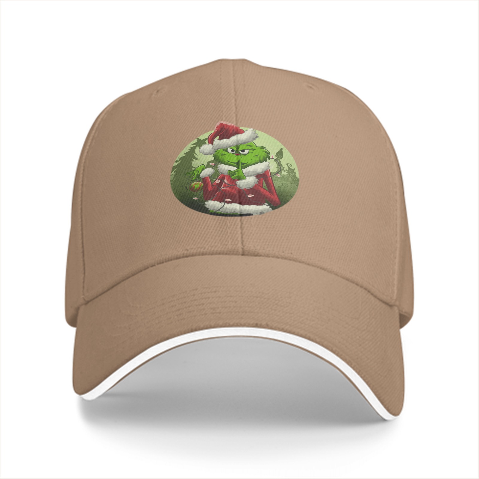 Black baseball cap with Grinch in Santa costume graphic
