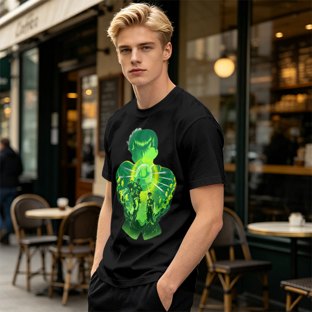 Anime Character Silhouette Glowing Green Graphic T-Shirt