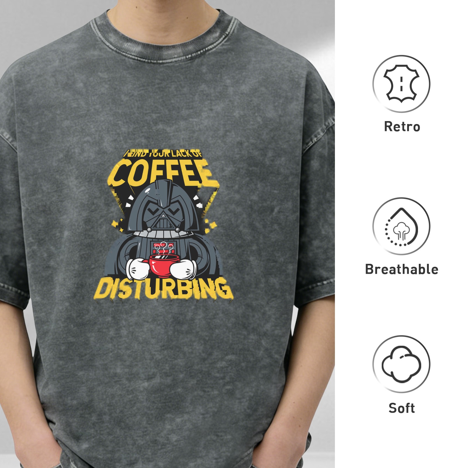 Washed Black T-Shirt with Funny Darth Vader Coffee Disturbing Graphic